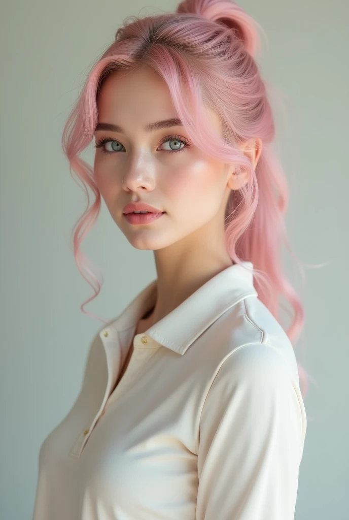 A beautiful female  with light pink hair tied into a ponytail. Her eyes are light blue. She wears a long sleeved polo. Realistic.