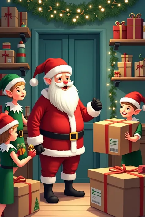 generate santa claus with elves ,  that help with packing parcels in the courier company