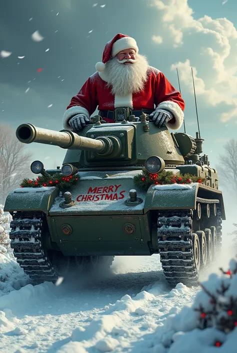 Warrior Santa Claus on a tank sleigh and write Merry Christmas 