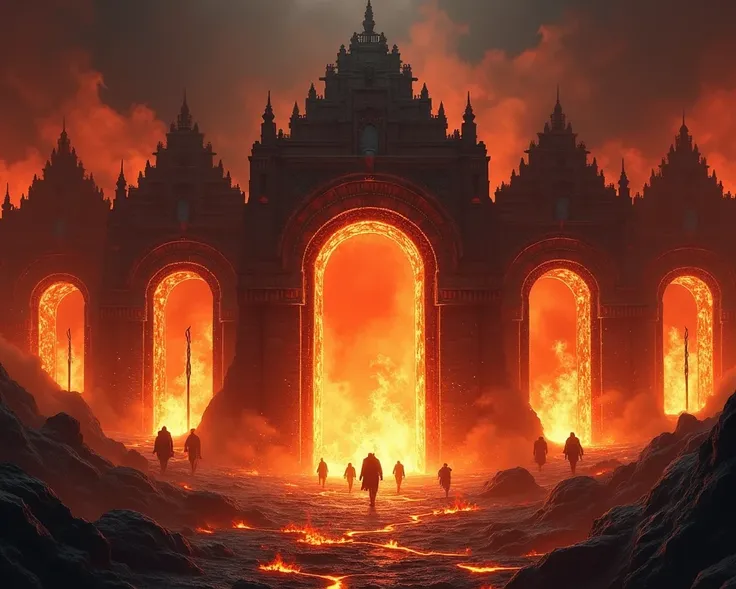 "Create a depiction of the seven gates of Jahannam, each unique in its terrifying design, forged from fire and molten rock. Each gate can have symbolic features, such as flames, chains, or darkened silhouettes, representing the sinners who pass through the...