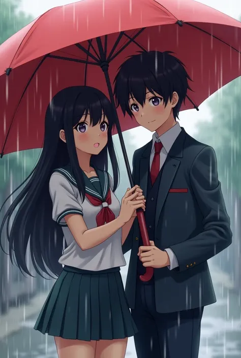 draw me a picture of a female anime character with long black hair, wearing a school uniform, and a cute face, then next to her there is a male anime character with black hair, and wearing a school uniform too, they are wearing a red umbrella in the rain