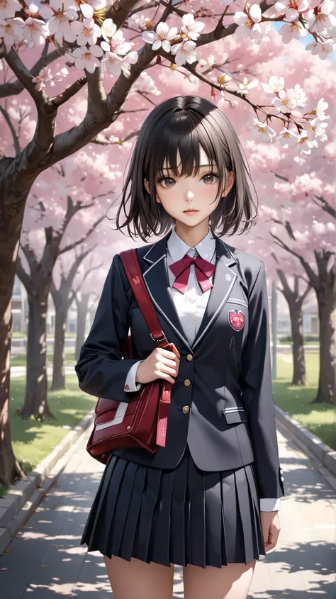 ultra-realism,  High school girl standing under a cherry tree 悲しい表情 セーラー服 黒髪, 