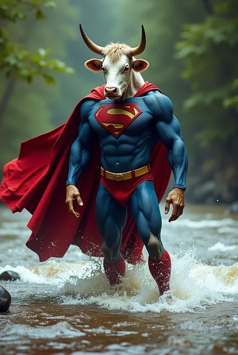 "A powerful hybrid creature standing in a fast-flowing river with murky water and splashing waves. The creature has the muscular, human-like physique of Superman, complete with his iconic red and blue suit and the S symbol on his chest. However, its head i...