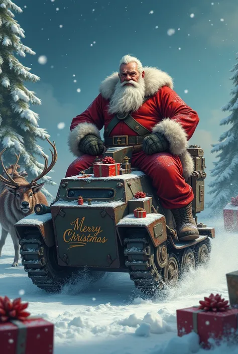 Warrior Santa Claus on a tank sleigh with gifts and write Merry Christmas 