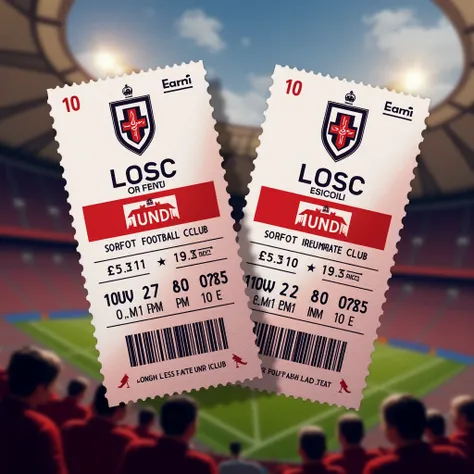 Deux tickets superposés d’un match de football pour l’équipe de LOSC, couleurs blanc et rouge