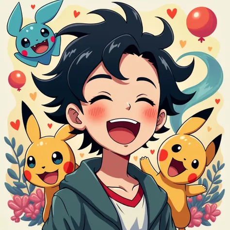 Picture of a black hair man laughing with writing "MewMew" with pokemon ambiance