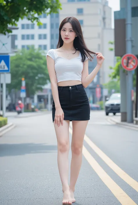 A girl with a Korean face,25 years old， Full Body Photo ，Slightly fat， bare legs ，reality，pretty， skirt，street