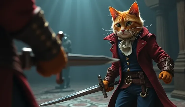 "Puss in Boots in a duel, using strategic moves and looking intently at the camera."