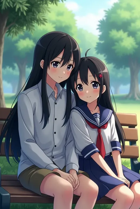 draw me a picture of a female anime character with long black hair, wearing a school uniform, and a cute face, then next to her there is a male anime character with black hair, and wearing a school uniform too, they are sitting on a park bench, and the wom...