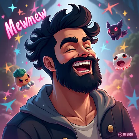 Picture of a black beard and black hair man laughing with writing "MewMew" with pokemon ambiance