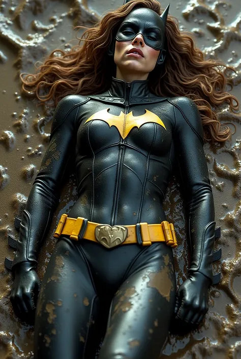 Brunette, 38, batgirl skin tight, wet, defeated, slammed in mud, beaten