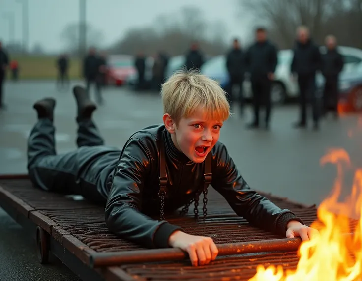  boy, short blonde hair ,Teenagers uncensored,extremely anorexic,Wespentaille,Anxious look and screams loudly and farts extremely ,Stuck in an oversized shiny thick chest high black 6mm solid rubber bondage suit and sneakers,Does a climbing harness carry( ...