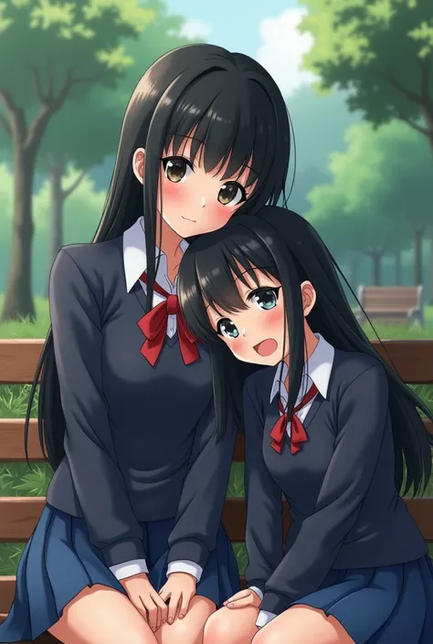 draw me a picture of a female anime character with long black hair, wearing a school uniform, and a cute face, then next to her there is a male anime character with black hair, and wearing a school uniform too, they are sitting on a park bench, and the wom...