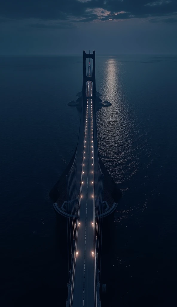 An arieal view of bridge with ocean at one side at night (digital art) hyperrealistic image anime hd style