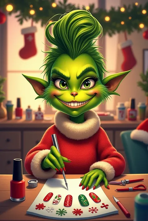 Give me an image of a cute grinch manicurist woman that says Christmas mafe nails behind