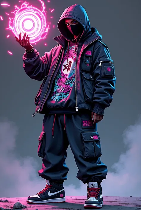 A dynamic anime character blending traditional ninja elements with a futuristic streetwear style. The character is dressed in an oversized hoodie featuring intricate, glowing graffiti-style patterns and a No-Face meme logo. The hoodie is layered under a bl...