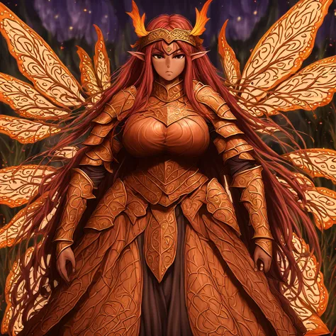 Anime, high detailed, 1 woman, mature woman, fairy woman, elf ears, extremely long spiked auburn hair, tanned skin, curvy body, big Breasts, celtic armor, celtic warrior armor, ornamented headband, skirt, narrowed eyes, serious, butterflys wings, spreading...