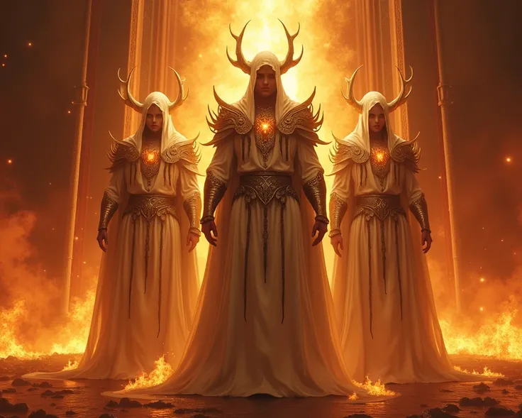 "Depict the Zabaniyah as majestic and powerful beings standing guard over Jahannam. Their forms should radiate divine authority and strength, surrounded by flames and the gates of Jahannam. The image should convey their role as enforcers of divine justice ...