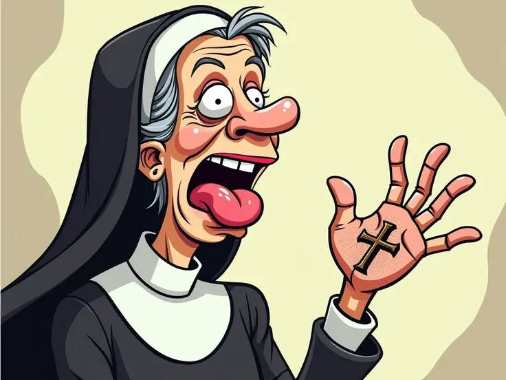 Church lady sticking out her tongue with a cross tattoo on her hand (in cartoon style)