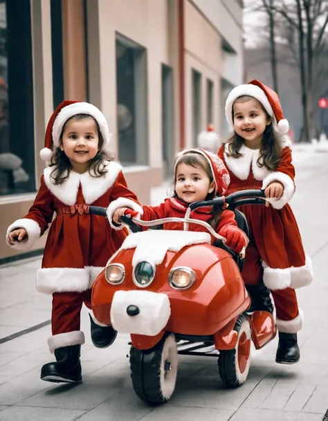 Santa Claus is riding on a sleigh pulled by two girls in the costume of reindeer,