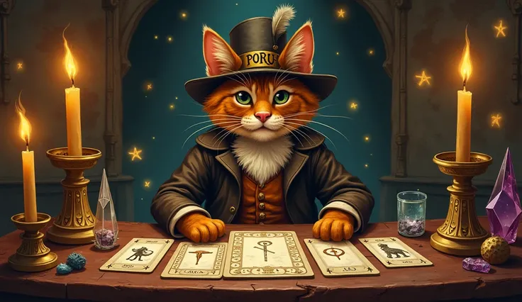 "Puss in Boots sits at a table with tarot cards, surrounded by mystical symbols and runes."