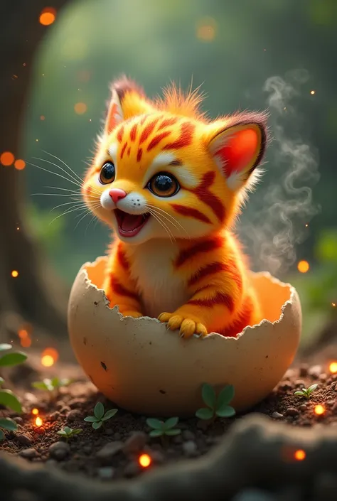 Frodan  (The Fire Tiger )  emerges from its egg ,  a small hairball with flaming stripes, roaring