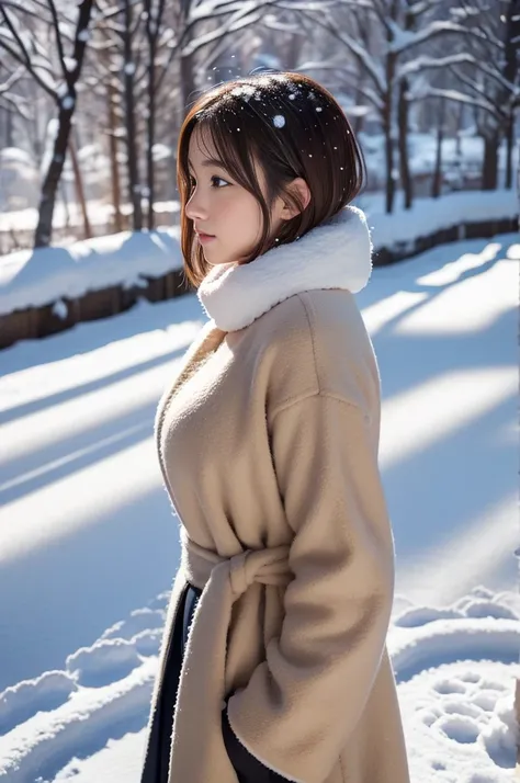 (8k, RAW photo, photorealistic, HQ, masterpiece), a cute Japanese girl,(glowing eyes), (profile:1.4), from side, (look at above:1.4), (Look up:1.4),
(), brown hair, fluffy Pixie Bob hair, large breasts, curvy, (Stylish winter outfits, Scarf, coat, long ski...