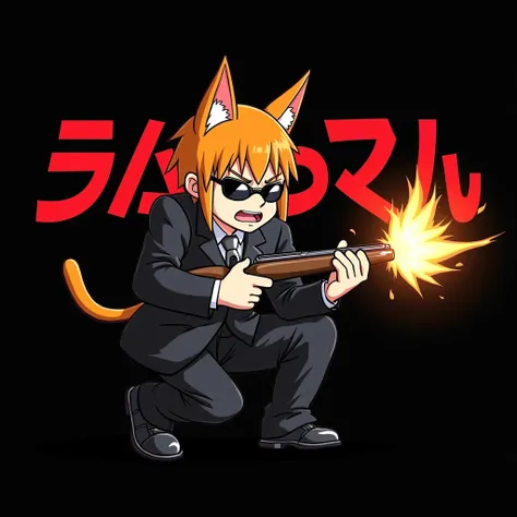  men,  with orange cat ears , put on glasses, see the eyes ,  wearing a black Mafia suit ,Holding a rifle,  The picture is in Japanese cartoon style ,  on a black background. There is an open fire., Seriously aggressive ,Behind it is the word  "Sky​ Famiry...