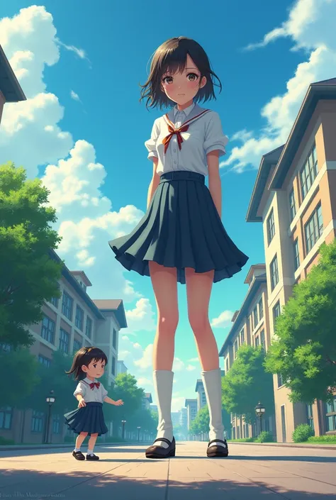 Giantess school girl  somewhat dominant and playful and curious I am 2 cm short and right in front of her feet and she barely notices me 