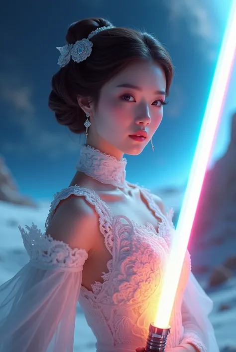 A beautiful Korean woman like Princess Leia Organa with a beautiful white gown intricate costume design, maximum 3D details, with a lightsaber highly reflecting in a rainbow color design. A beautiful dress with lace and a sensual facial expression. In the ...