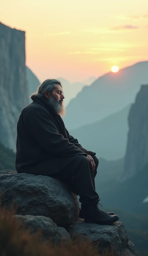 Man He sits on a rock,  looking at the horizon.