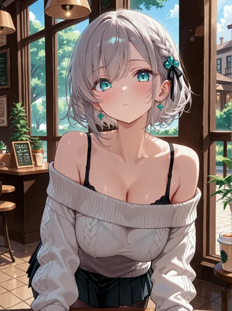 1 Girl, Solo, white off the shoulder sweater, bra strap visible, skirt, black pleated skirt, black pantyhose, earrings, short hair, top knot hair, grey hair, braided side bangs, asymmetrical bangs, left bang longer than right, turquoise eyes, human, cute p...