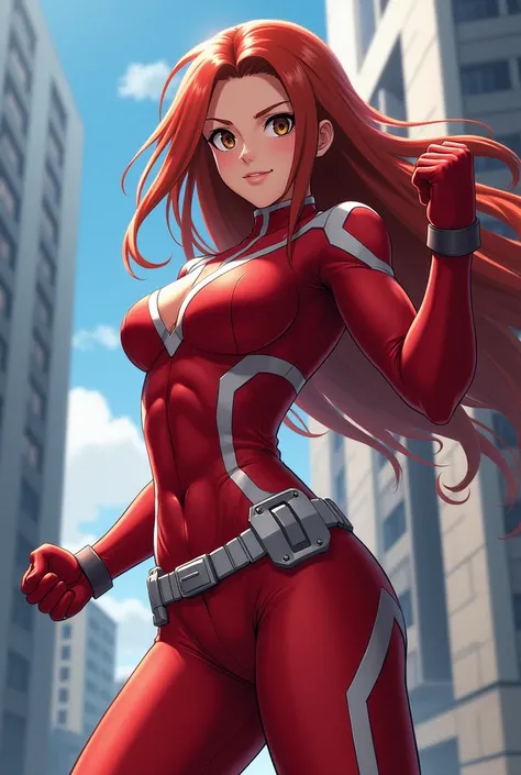    My Hero Academia Style ,     anime girl   , woman, young woman ,    full body shot  ,(fighting Stance :1.3), long hair, Red Hair,    Brown Eyes  ,  hero suit, Full Body Suit,   red suit with white details,   perfect anatomy ,  Reinforced ABS ,  super de...