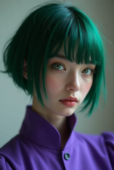 ratte867, 1girl, solo, (forest green hair:1.2), Asymmetrical haircut, (violet clothes:1.2) masterpiece, best quality, photorealistic, realistic, (RAW photo, 8k uhd, film grain), caustics, subsurface scattering 