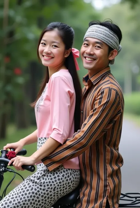 side view Young white Javanese woman, smiling happily, long straight hair to the waist in a ponytail with a ribbon on the right side carrying a red rose, wearing a pink kebaya, a sarong with a white and black Javanese batik check, posing sitting on the bac...