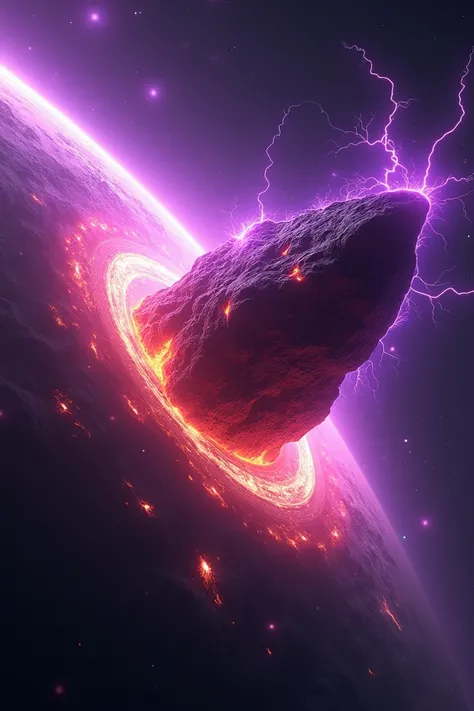 A giant meteorite, surrounded by purple lightning, is heading towards Earth.