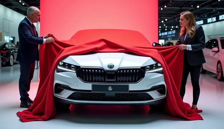 Relastic of futuristic 2025 skoda octavia car stand in the American car showercase and its the car first time look and the 2 mans and 1 women covering off the vehicle and a large red color cloth with the Skoda company logo with its bold front grills and ov...