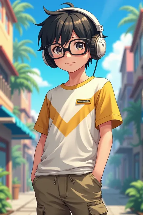  Boy with cotton t-shirt ,mustard stripes , cargo style shorts , headphones put on anime y style glaas soul.