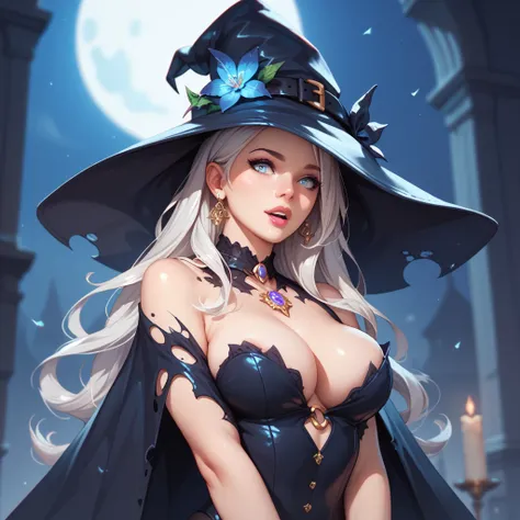 Hair color: white. 
Eye color: gray. 
Body type: full/thick.
Features: Witch of Transformations.