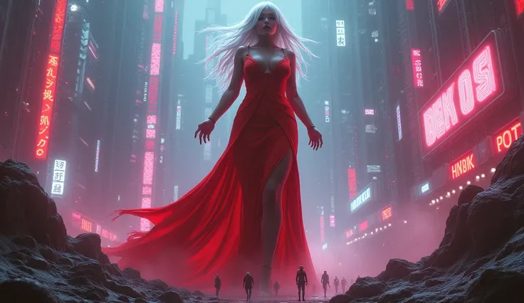 giantess art, a hyperrealistic, Super huge woman bigger than a skyscraper with white hair very attractive, majestic look, She has a beautiful, full chest and a wide cleavage, sexy cyber punk evening dress red with neon details, no underwear, shoes are take...