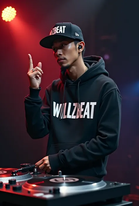 make a picture of a tall skinny rapper man not AI but human, wearing a hiphop hat that says WILLZBEAT, Asian race, looking forward, while sticking up his middle finger, singing on stage, in front of him there is a vinyl turntable, wearing a hoodie that say...