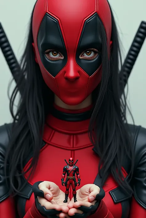 Cute woman dressed as Deadpool long black hair fair skinned holding a small Deadpool in her hand 