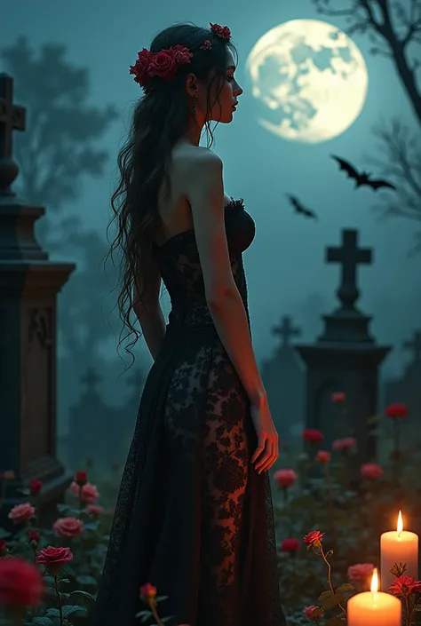 A gothic scene featuring a young woman with long flowers hair, wearing a delicate transparent sexy lace gown adorned with floral patterns. big breast with deep cleavage, She stands among tombstones , peach butts, with bats flying in the night sky and a ful...