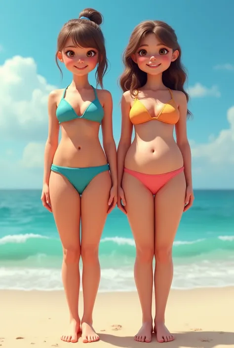 Generate an image of two girls standing side by side on a beach, both wearing bright and colorful swimsuits. One girl is extremely skinny, with a very low body mass index, while the other girl is significantly overweight, with a much higher body mass index...