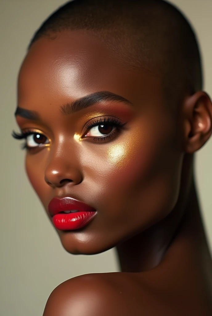 Beautiful black woman, Victoria Secrets model, image of her face, shaved hair, brown eyes and red lips, golden shadow on her eyes, beautiful skin, round face, typical South American woman