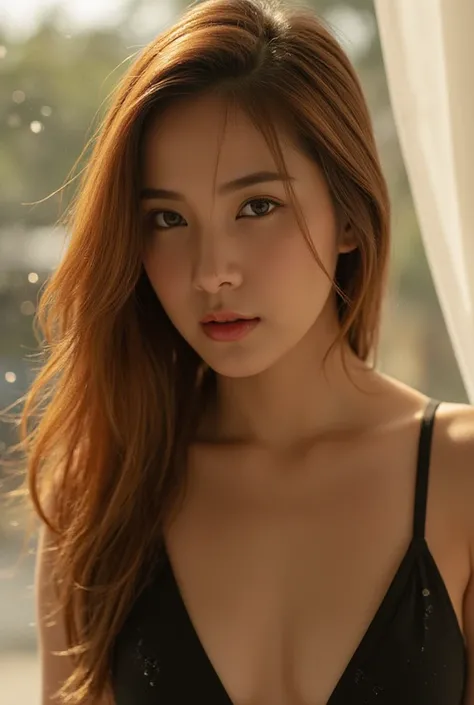 Portrait of a beautiful Korean girl in nothing. Beautiful nipples, sexy dress that emphasizes her alluring proportions and shows off her fair skin. Big breasts, large chest. Mesmerizing eyes stare through the viewer, emphasizing the delicate facial feature...