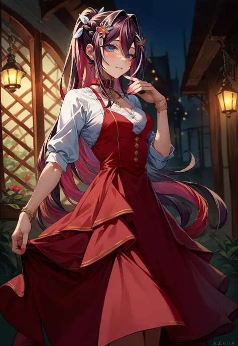 score_9, score_8_up, score_7_up, source_anime,4K,perfect fingers,(perfect hands, perfect anatomy),
1girl,Azki, multicolored hair, long hair, french braid, hair ornament, 
dress, ponytail, braid, red dress, collar, button, skirt, red skirt,
standing,