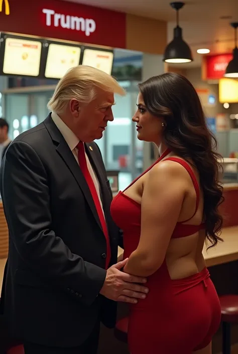  Hyperrealistic ,  raw effects style photograph of Donald Trump in a Mac Donalds looking at the huge breasts of a very sensual waitress with a very short and sexy apron. Christmas atmosphere 