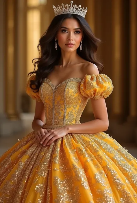 A portrait of a princess wearing a dazzling gold glitter dress with puff sleeves. The high neckline adds a touch of elegance and sophistication, while the glittering fabric catches the light, creating a radiant and glamorous effect. The focus is on the int...