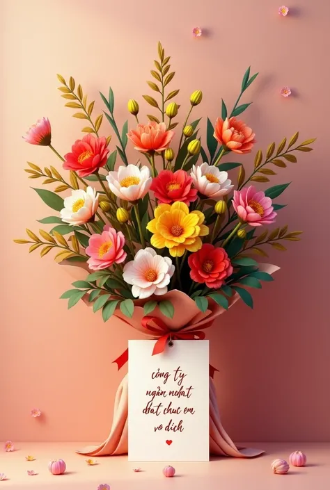  Bouquet with card, on the card written  "Cong ty Ngan Dat chuc em vo dich"